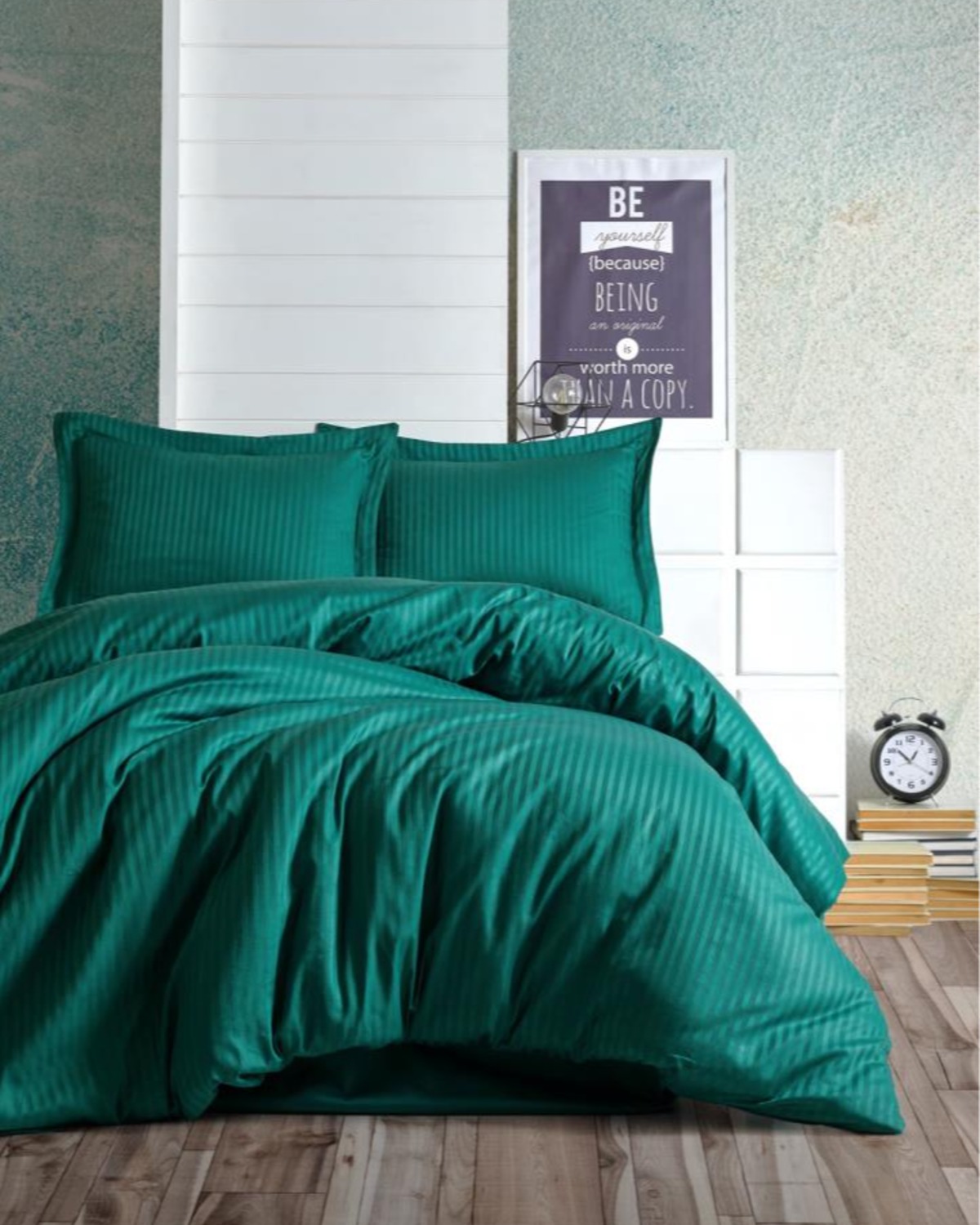 Cotton Box Elegant Stripe Saten Çift Kişilik Nevresim Takımı Petrol