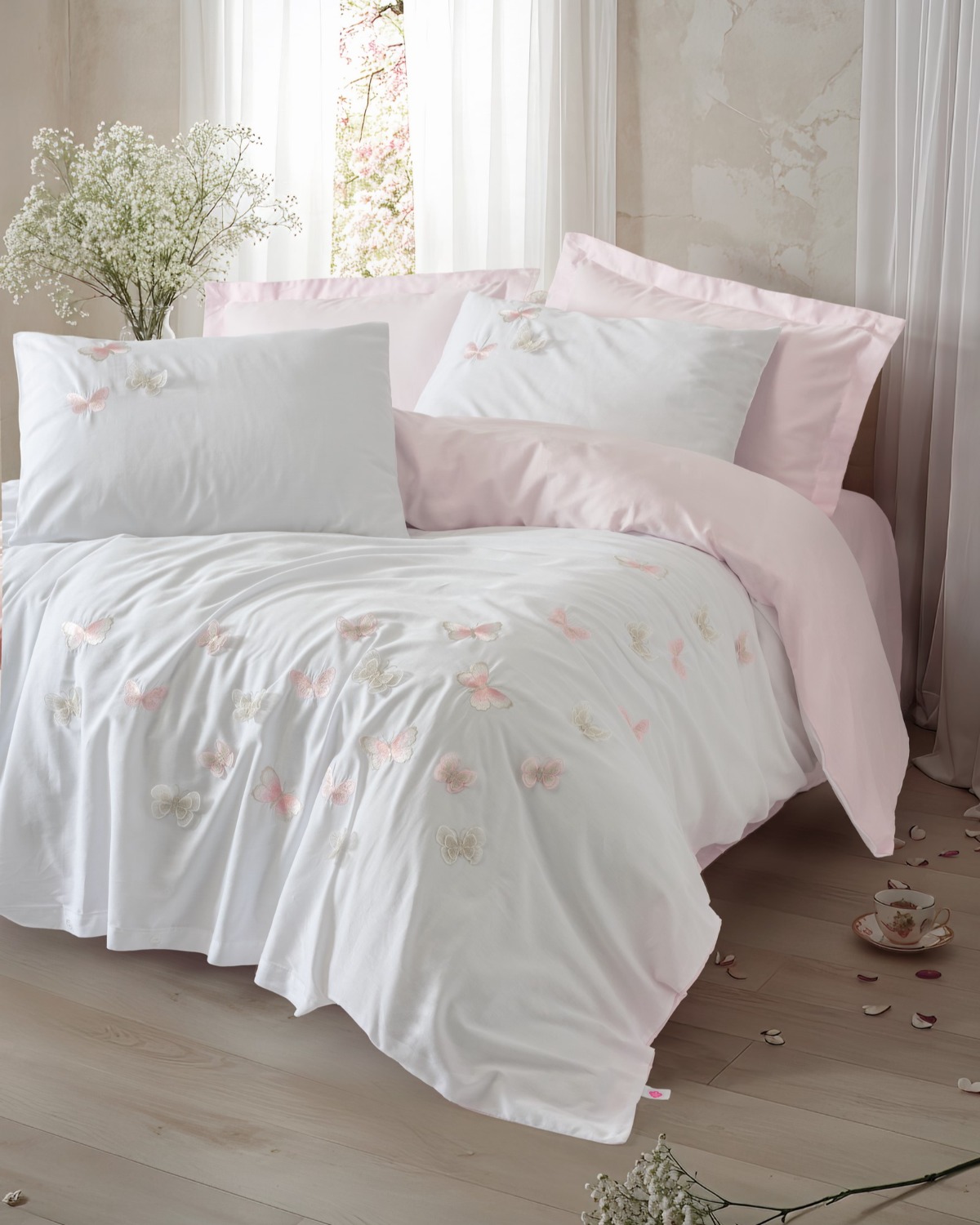Cotton Box 3D Nakışlı Saten Çift Kişilik Nevresim Takımı Charming Pudra