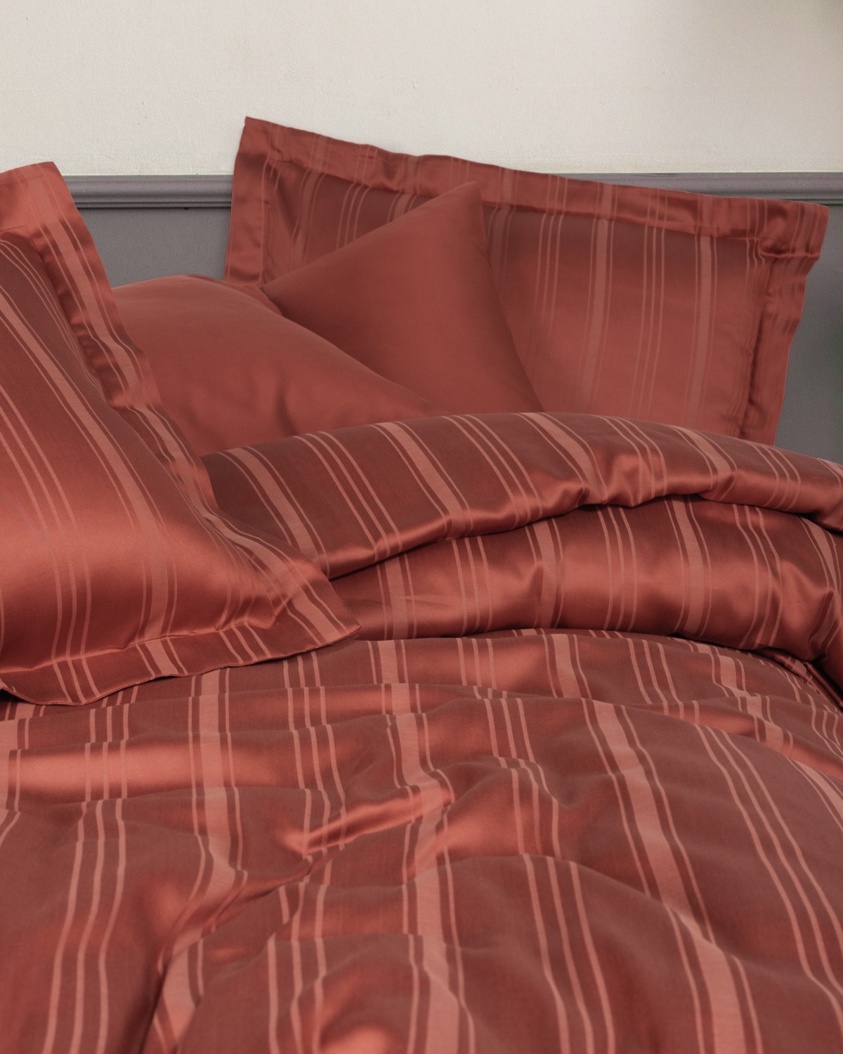 Cotton Box Smart Bambu Saten Çift Kişilik Nevresim Takımı Stripe Kiremit