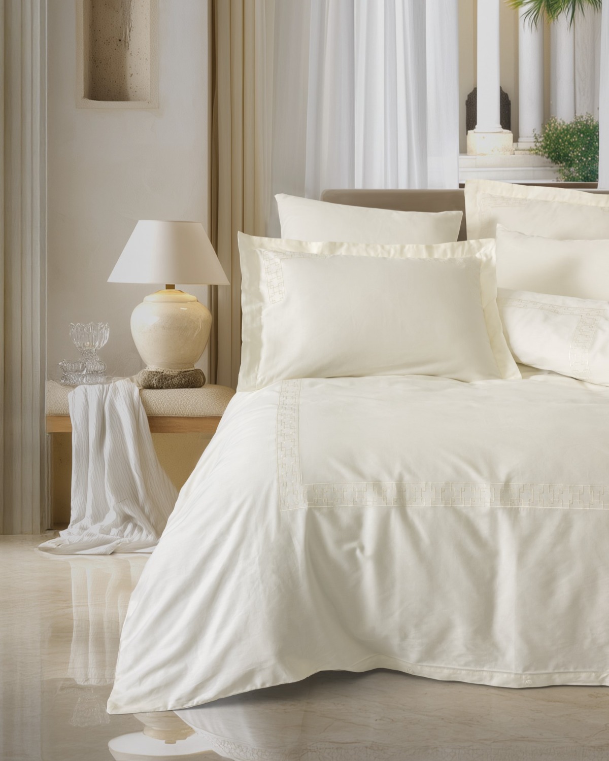 Cotton Box Nakışlı Saten Çift Kişilik Nevresim Takımı Luxe Ekru