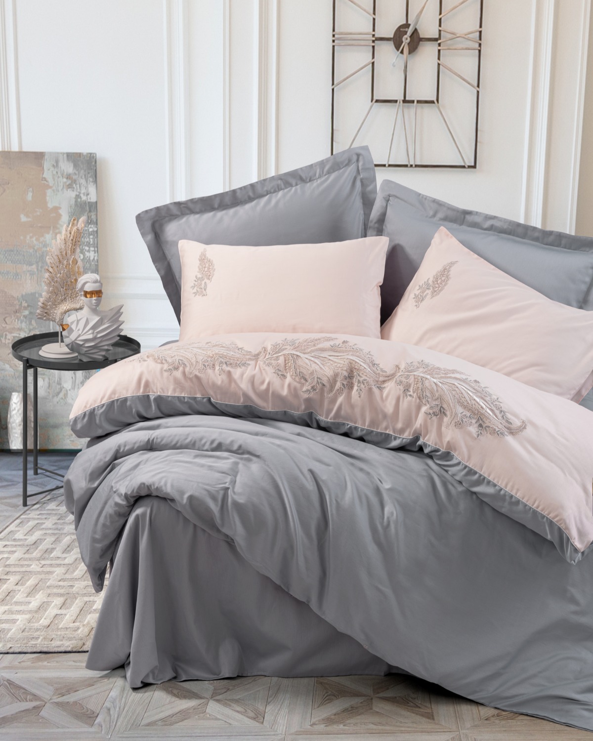 Cotton Box Nakışlı Saten Çift Kişilik Nevresim Takımı Sheen Gri