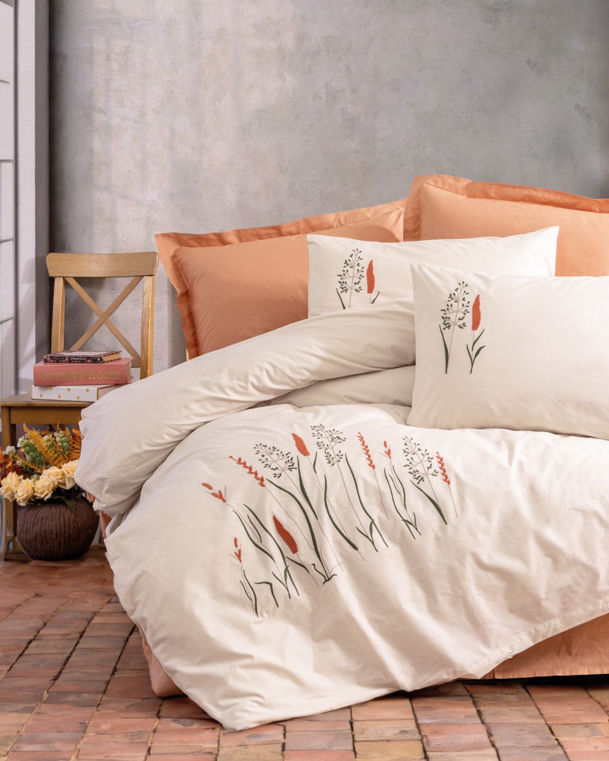 Cotton Box Nakışlı Ranforce Çift Kişilik Nevresim Takımı Maia Karamel
