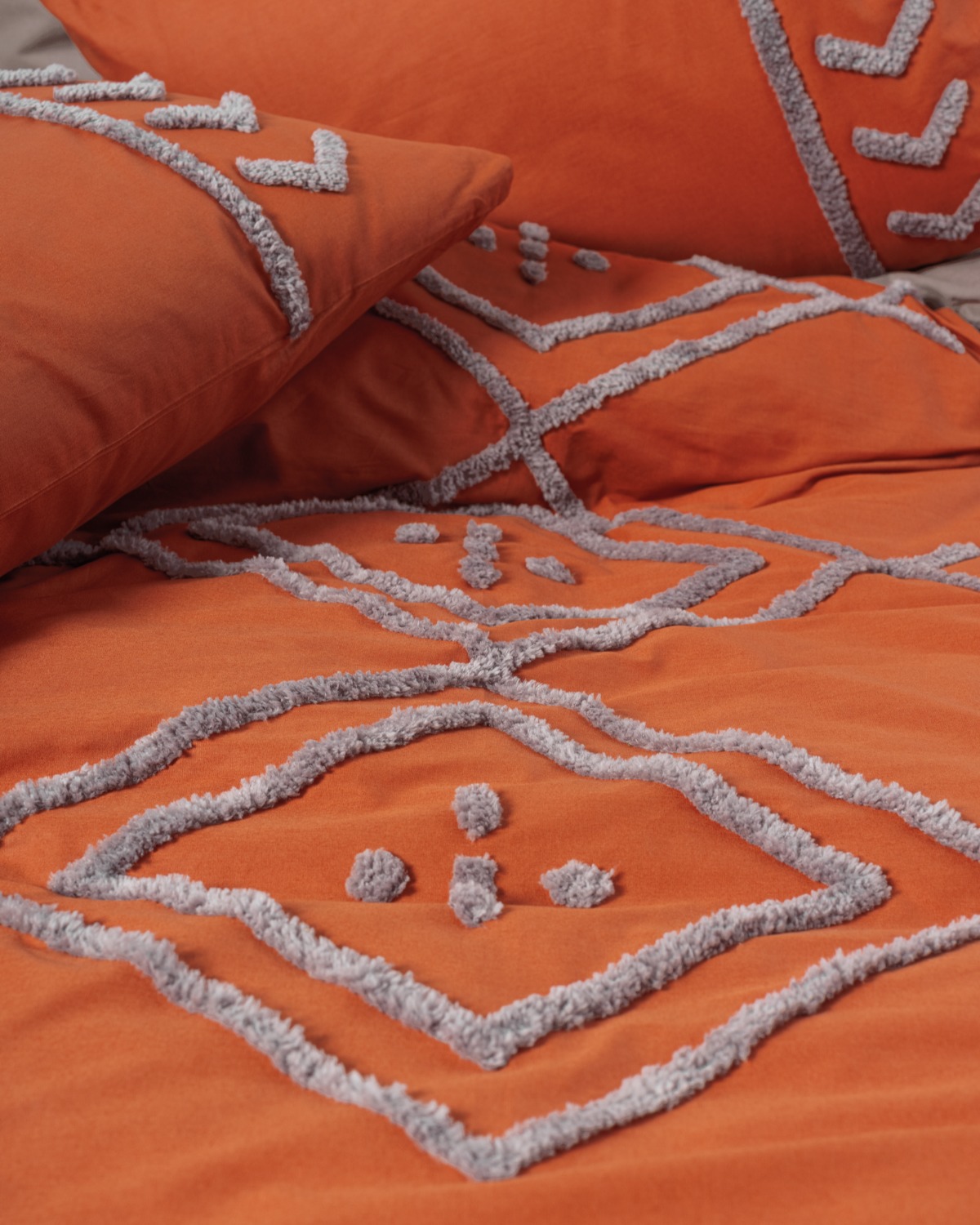 Cotton Box Puff Nakışlı Çift Kişilik Nevresim Takımı Liya Kiremit-Bej