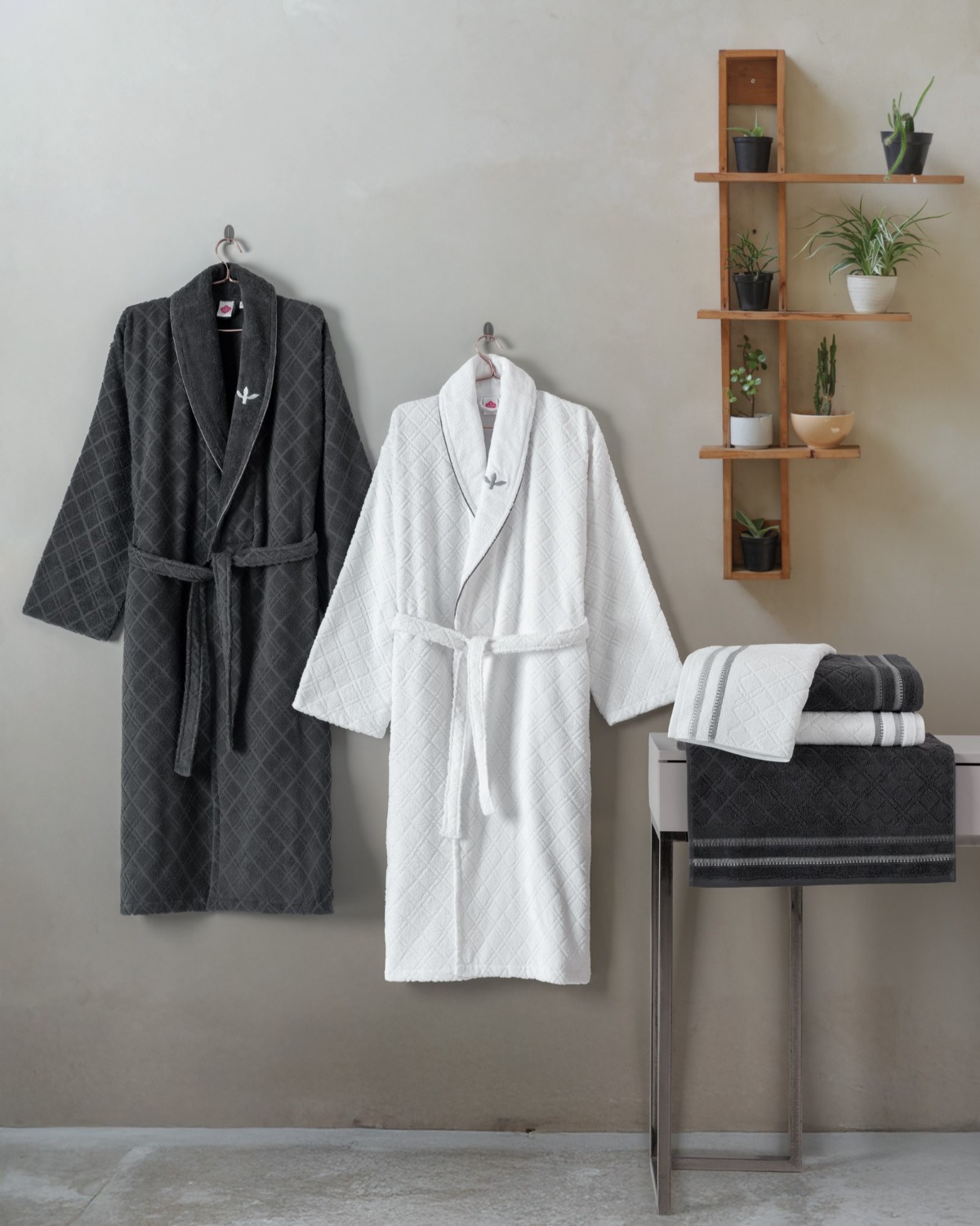 Cotton Box Masculine Aile Bornoz Seti Carlos Beyaz-Antrasit
