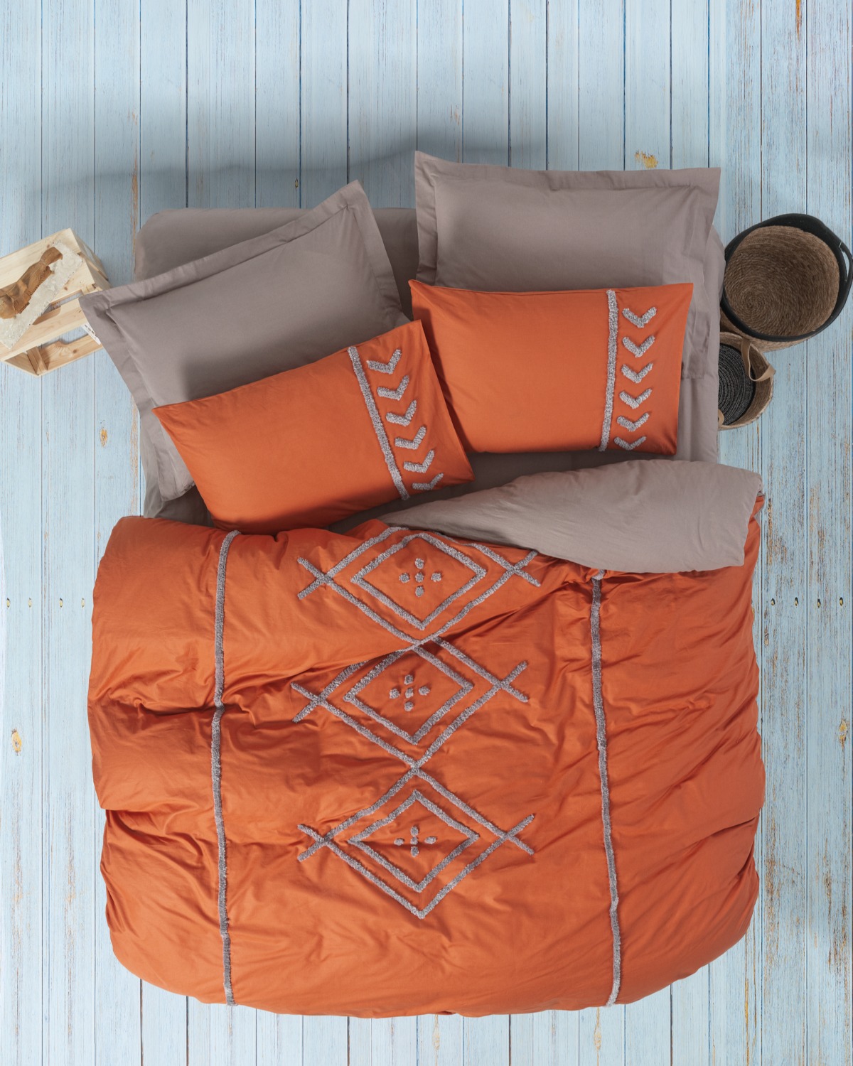 Cotton Box Puff Nakışlı Çift Kişilik Nevresim Takımı Liya Kiremit-Bej