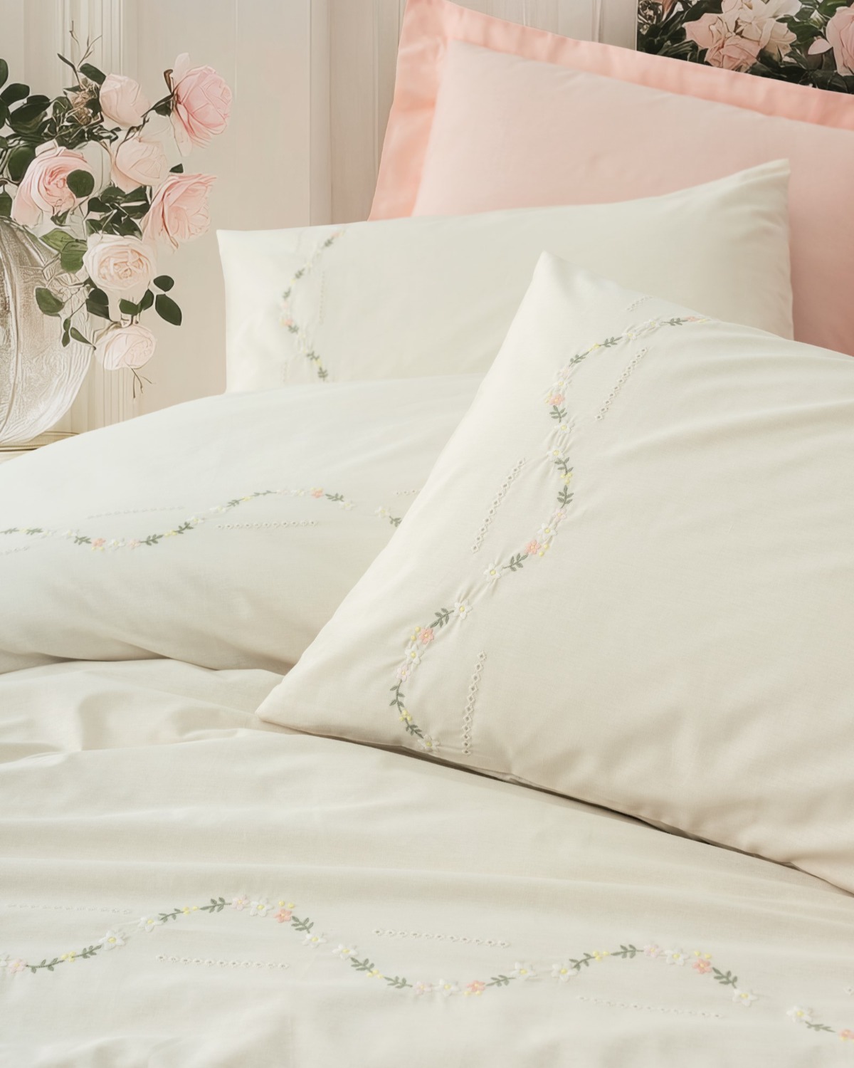 Cotton Box Nakışlı Ranforce Çift Kişilik Nevresim Takımı Orya Somon