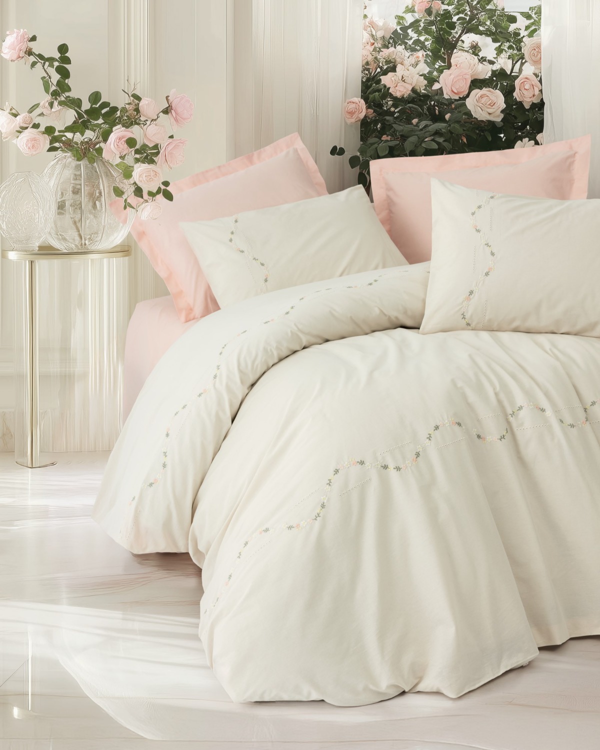 Cotton Box Nakışlı Ranforce Çift Kişilik Nevresim Takımı Orya Somon