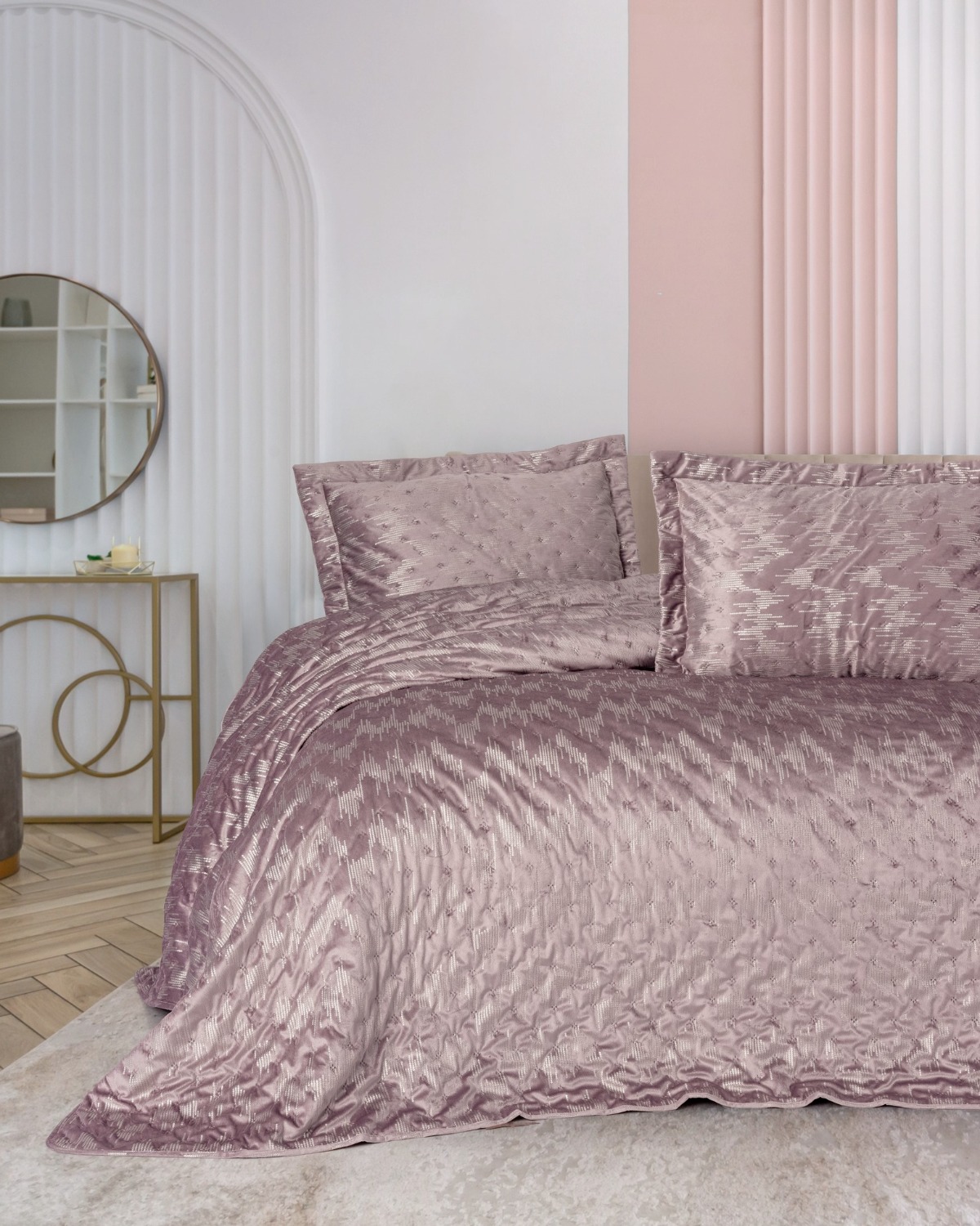 Cotton Box Smart Çift Kişilik Yatak Örtüsü Kadife Varaklı Luz Pudra