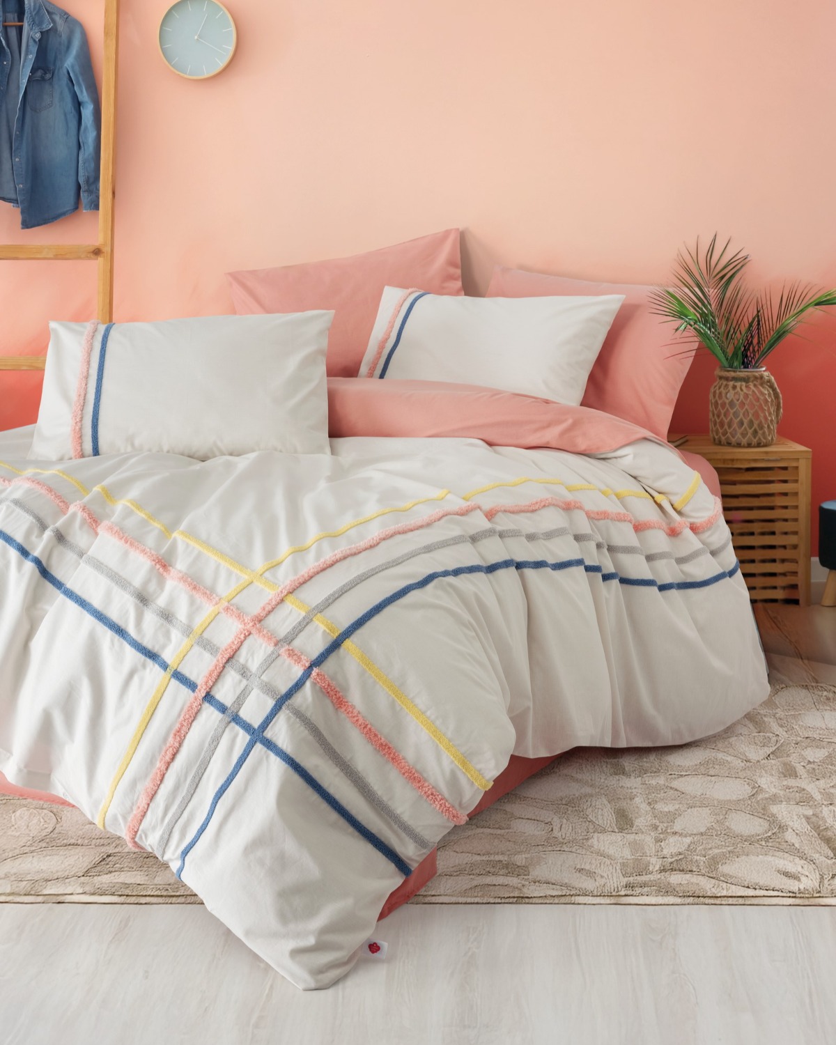 Cotton Box Puff Nakışlı Çift Kişilik Nevresim Takımı Linea Somon